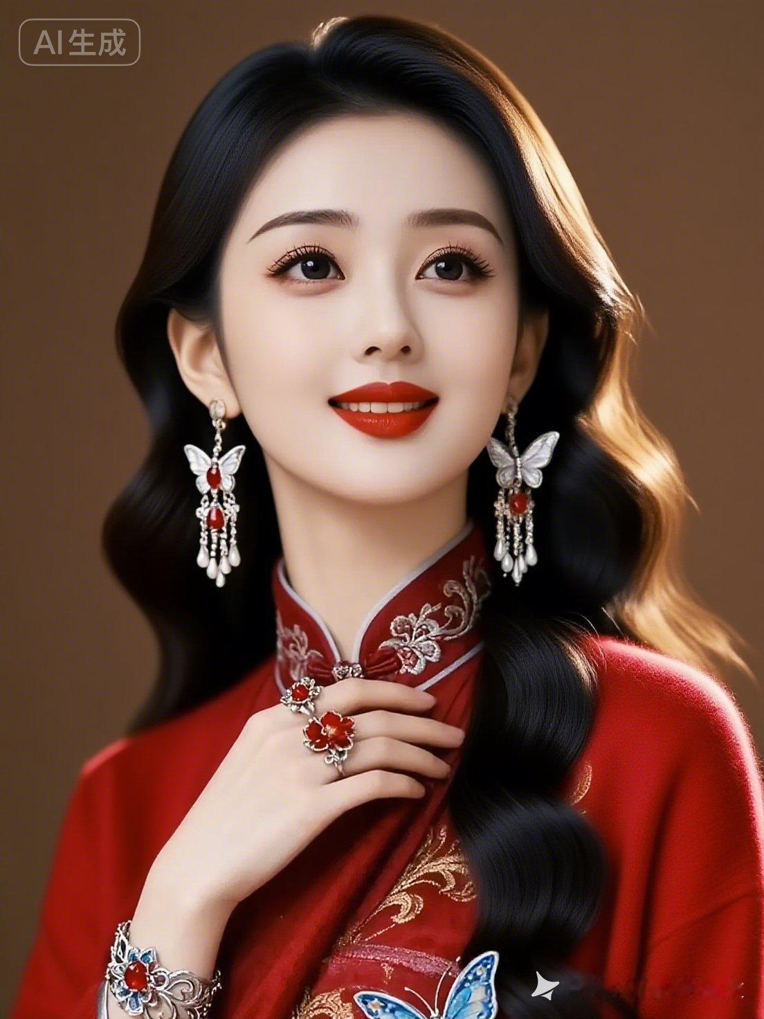 绝色冷艳美人，肌肤白皙，长睫毛卷翘，烟熏浓妆衬得红唇明艳。浅笑妩媚动人，贵气十足