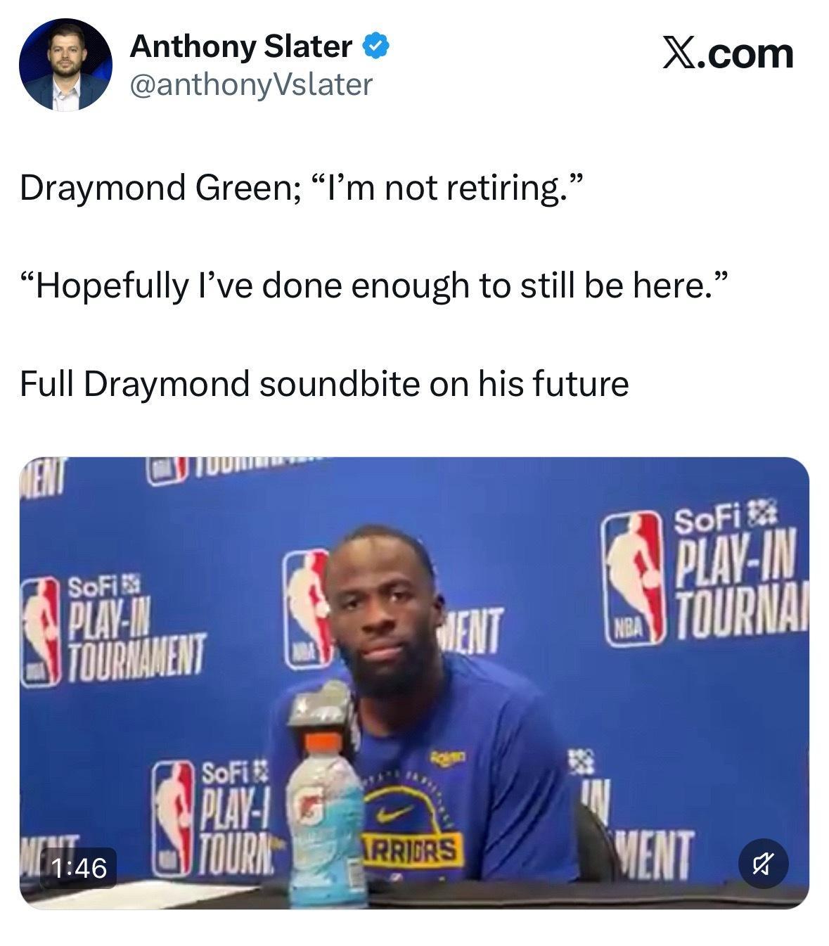 追梦格林表示：我不会从篮球界退役，我依然热爱打球。我觉得自己打得还相当不错。” 