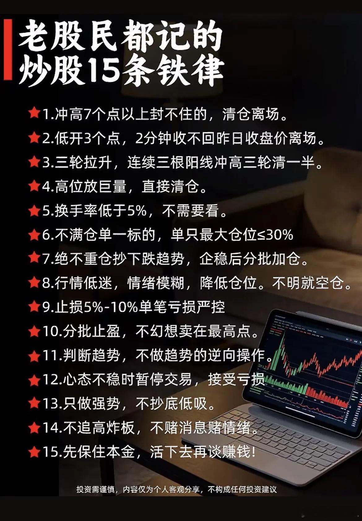 炒股15条实战铁律，老手一直在执行散户想要在市场长久生存，靠的不是预判行情，而是