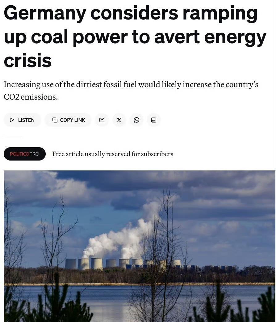 随着能源价格飙升，德国正在考虑重启闲置的燃煤电厂。

其目的是减少对昂贵天然气的