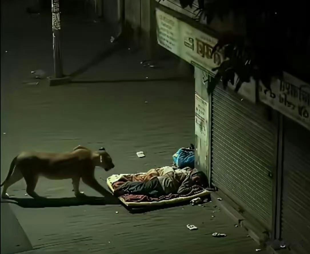 印度街头，深夜一头外出觅食的狮子，路过屋檐下熟睡的当地人，本准备上前试探，却在凑