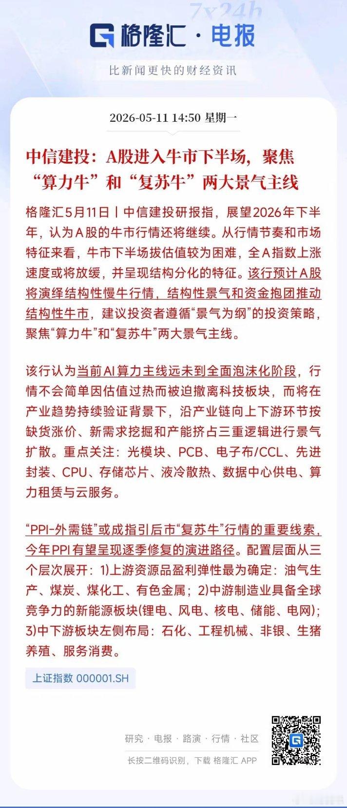 机构明确表示：A股已经进入牛市下半场，并且给出了两条主线今天A股突破了前期高点 