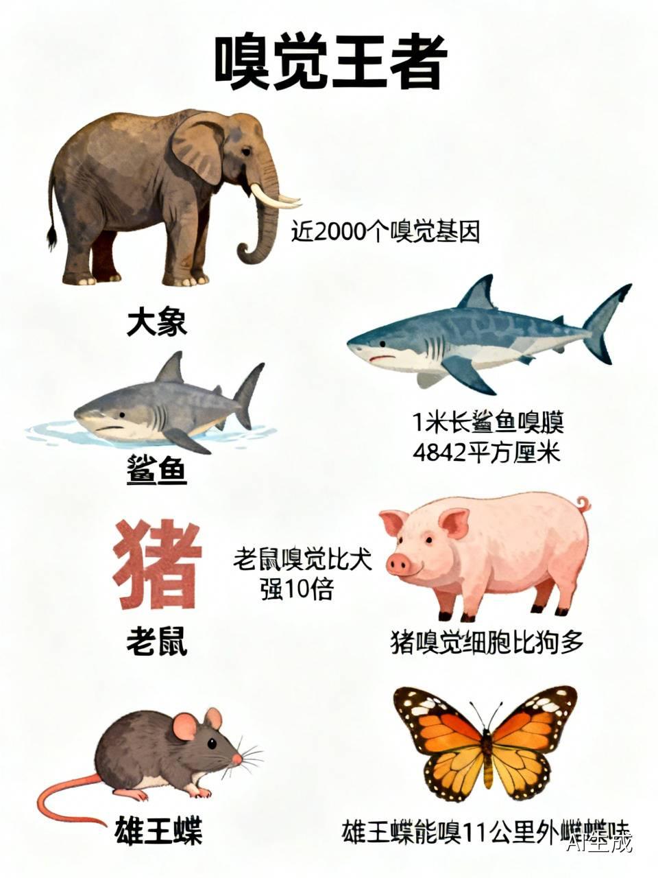 世界上嗅觉最灵敏的动物是大象
       大象是嗅觉王者，有近2000个独特嗅