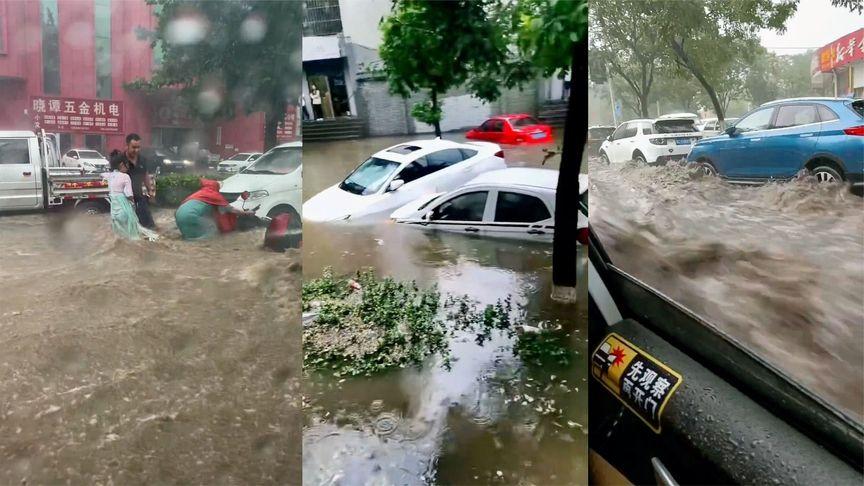 【山西阳泉暴雨：部分道路积水淹车水流汹涌，市民出行受影响】7月20日下午，山西省