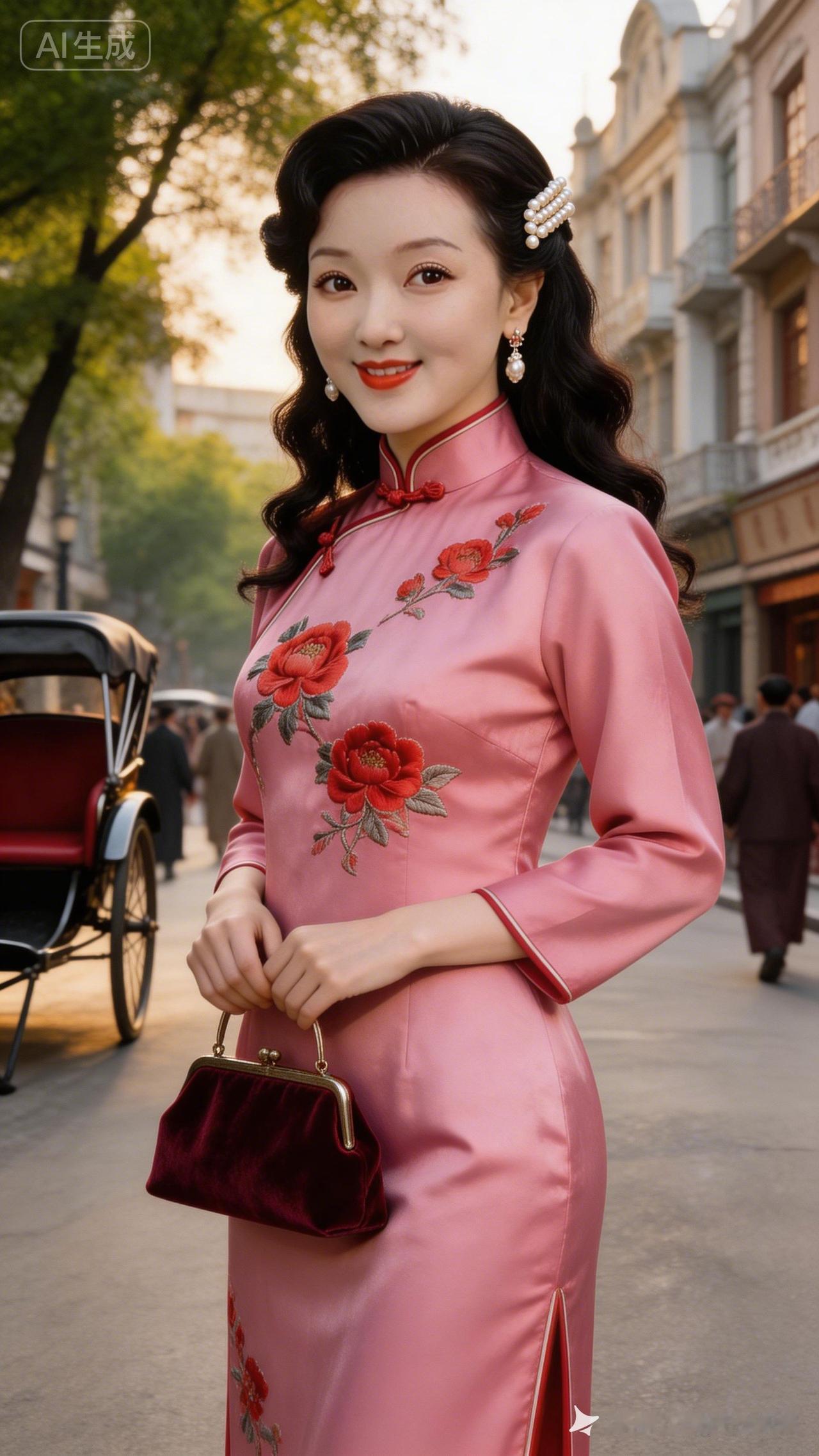 复古旗袍街拍，优雅红唇，复古手提包，怀旧风情。