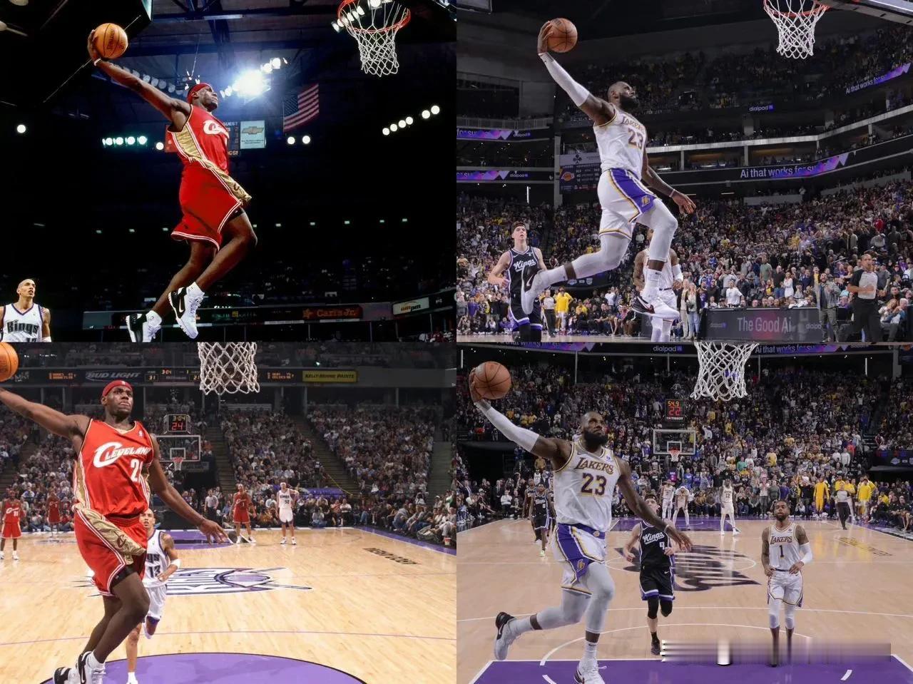 这是NBA同一日期，同一城市，同一摄影师，相隔20年的照片！
詹姆斯老了，飞的低