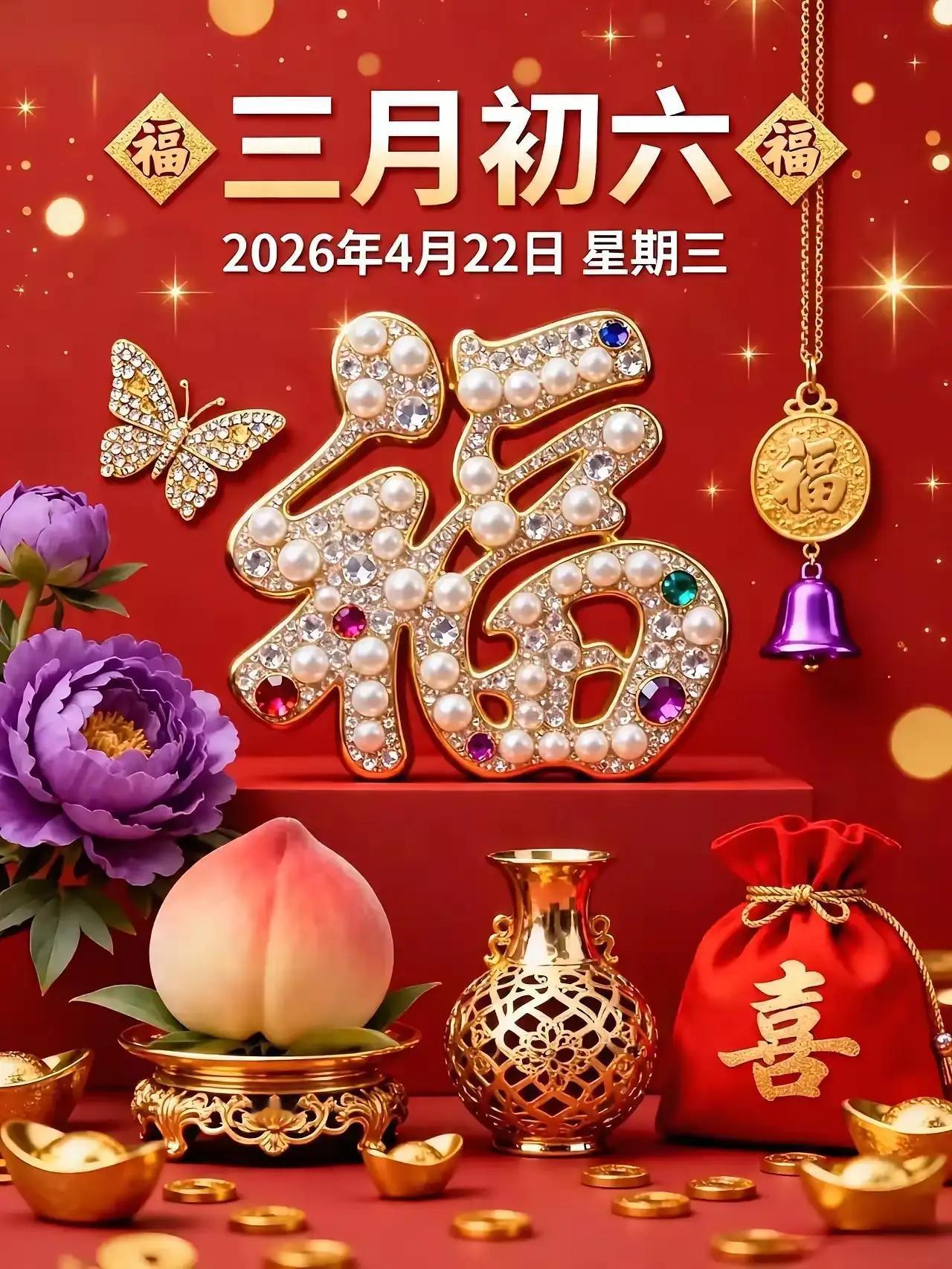 今天是4月22日，农历三月初六，祝您六六大顺，开好头，顺风顺水顺人意，顺福顺财得