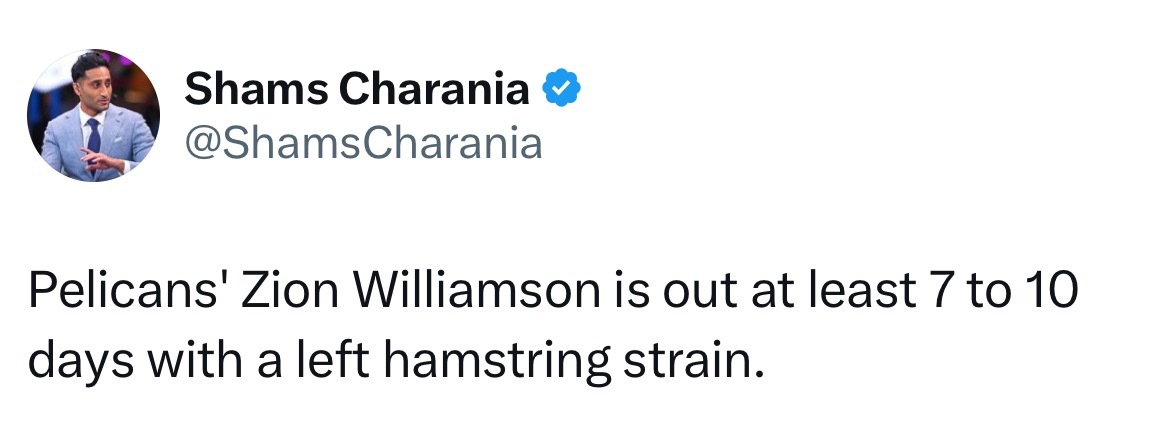 锡安左腿筋一级拉伤新奥尔良鹈鹕新赛季篮不住 ​据Shams报道：锡安左腿筋一级拉