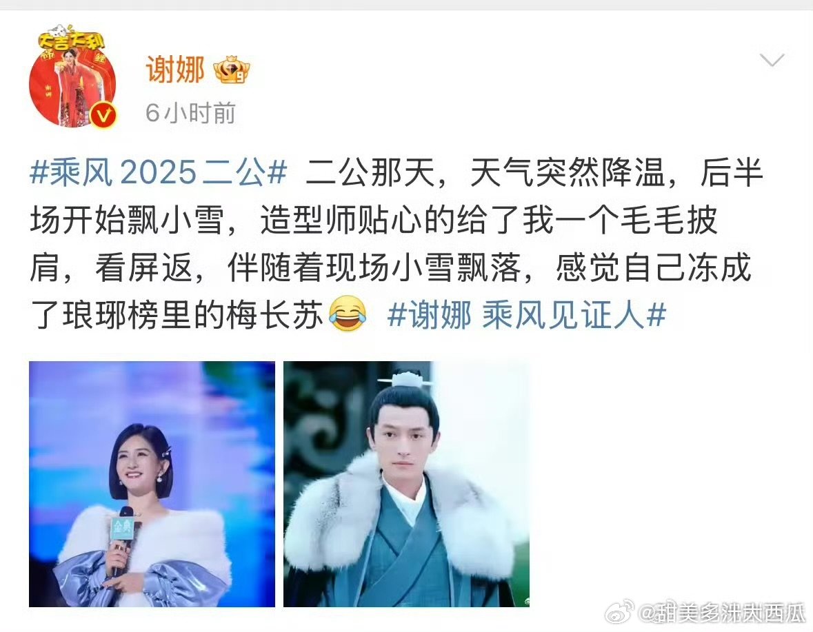 谢娜[超话]谢娜买家秀得到了胡歌认可乘风2025谢娜二公裹毛披肩，意外和梅长苏撞