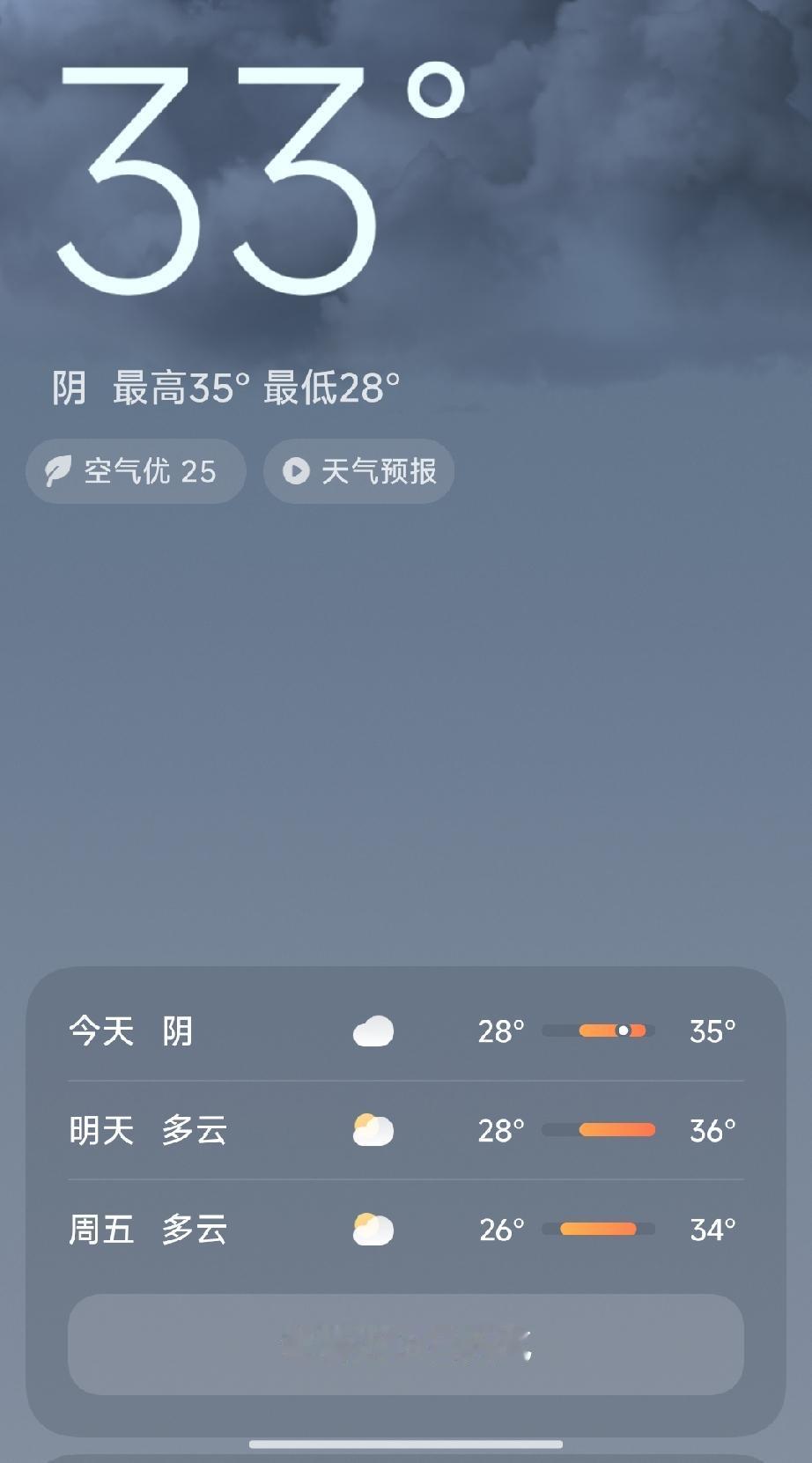 今日阴天，最高35°，最低28°，空气优25，明天多云，最高36°，最低28°。