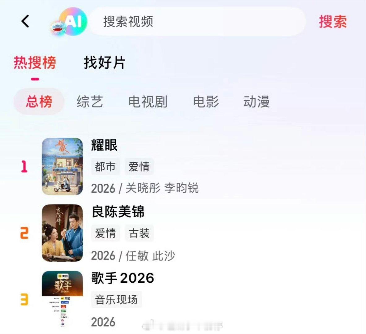 关晓彤 李昀锐耀眼芒果站内热度总榜第一了 