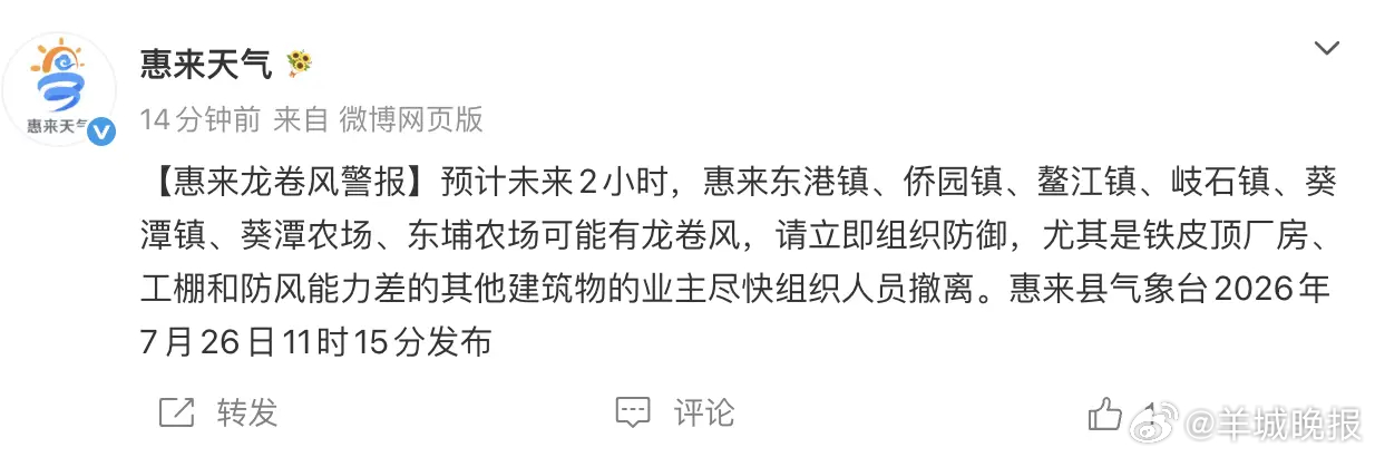 【广东惠来发布龙卷风警报：未来2小时多地可能出现，立即组织防御】#台风登陆后惠来