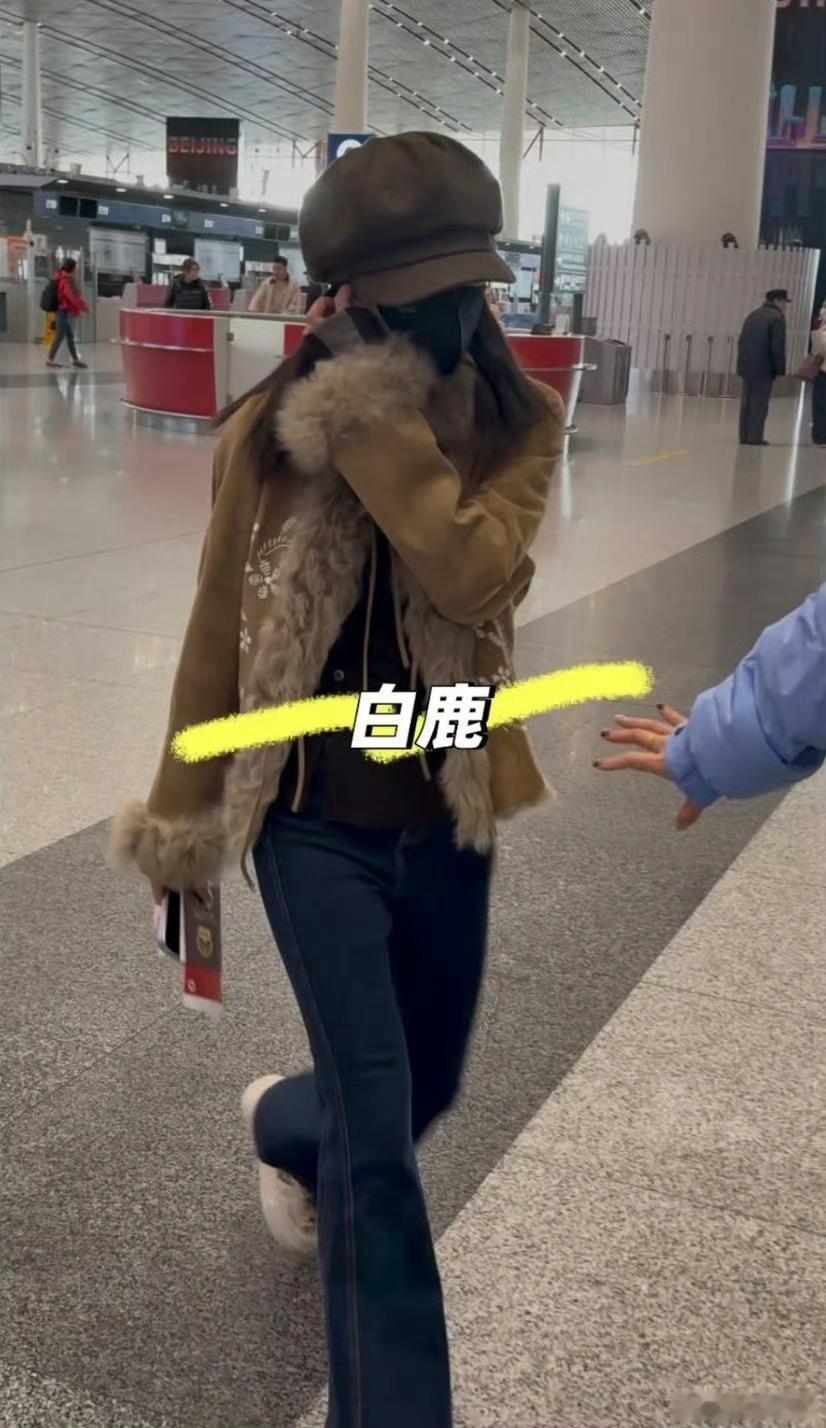白鹿韩国 网友在韩国偶遇到白鹿啦，这机场穿搭真的很🉑宝宝又瘦了的感觉，刚过完春