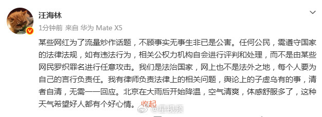 汪海林发声【汪海林称某些网红为了流量炒作话题 】据微博：某些网红为了流量炒作话题