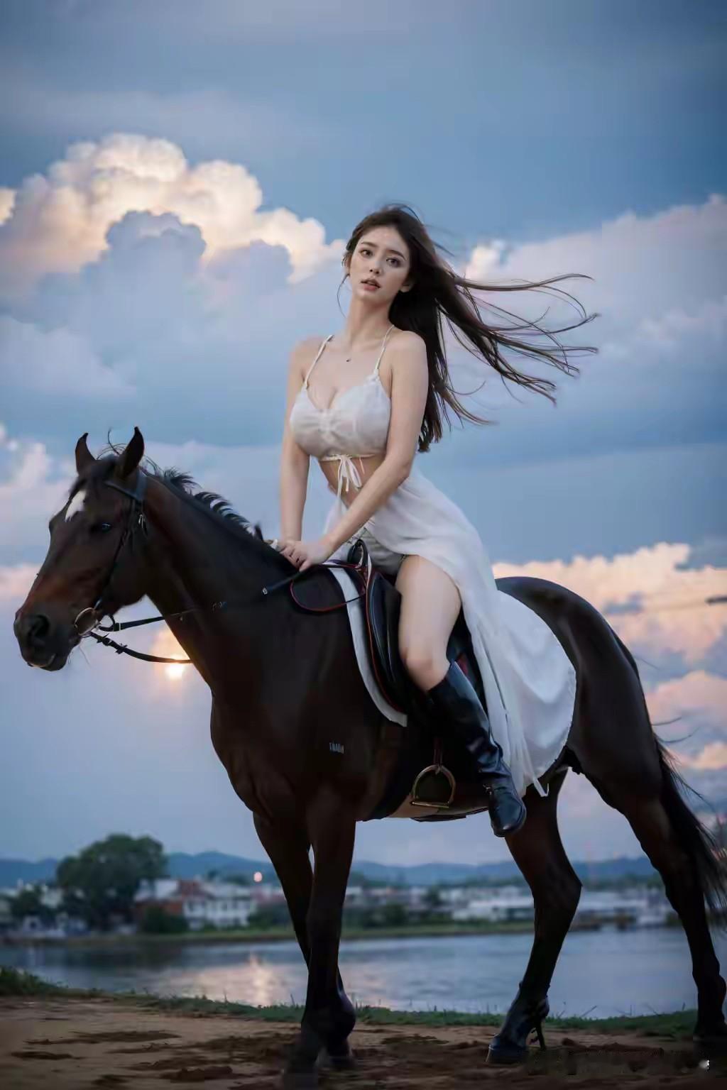 湖畔白裙女骑士
 
暮云熔金染长天，
湖畔神驹立风前。
白裙飘举衬酥胸，
长腿轻