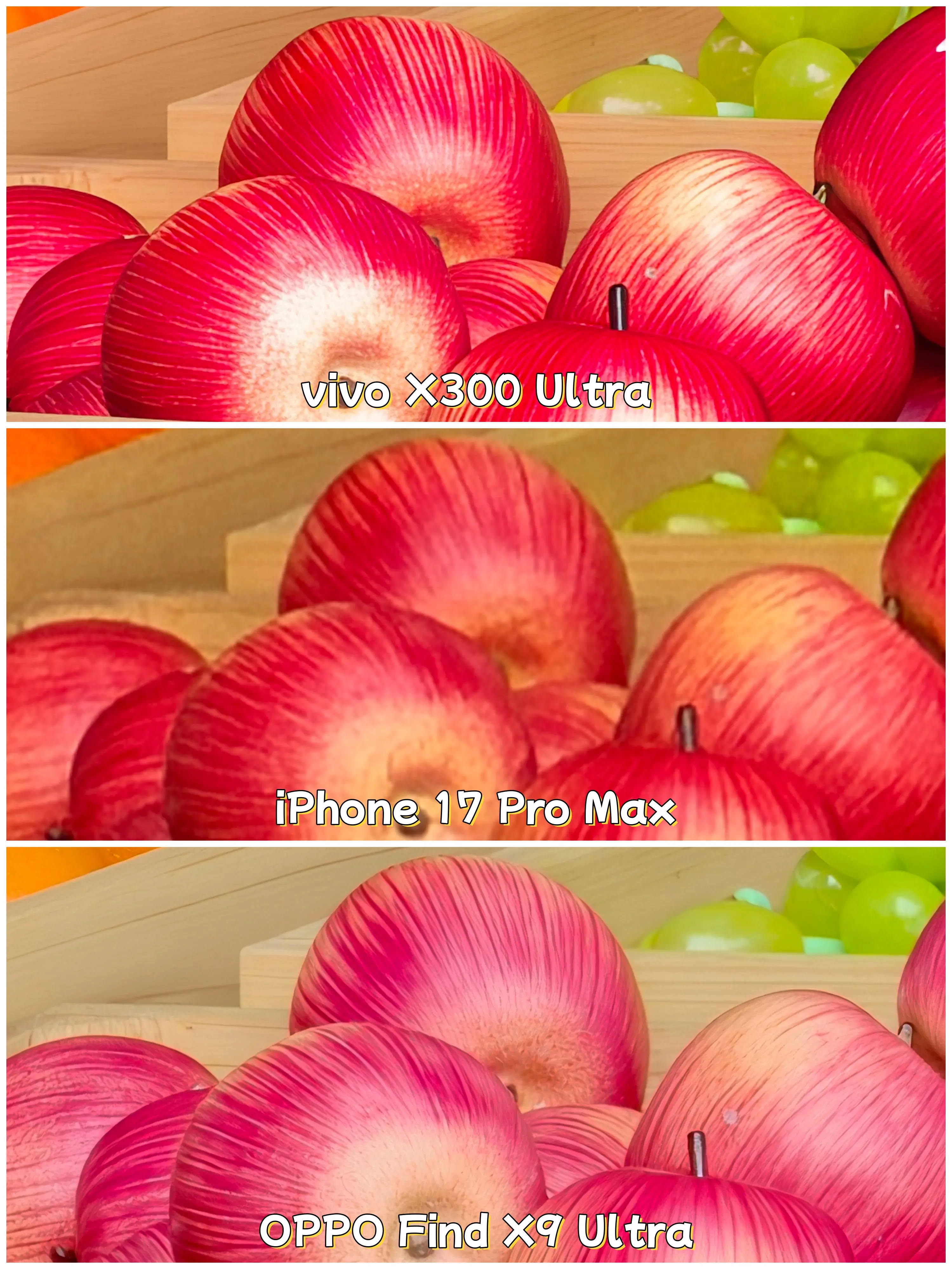 现在的手机怎么把苹果拍得像假苹果一样？（bushi）
其实这就是假苹果～
不过我没想到三台手机拍出来差别挺大的
不吹不黑，客观说一下个人观感 
vivo X300 Ultra
第一眼就是比较鲜艳，感觉红色有种溢出的感觉，还有就是亮度感觉挺高的，“苹果”的底面看着有点发白了 
iPhone 17 Pro Max
其实苹果拍得还挺像真苹果的，但是可惜这是假苹果，实际看起来其实是有点假才正常，可能是因为苹果拍得糊的原因？所以很多细节看不到，反而像真苹果 
OPPO Find X9 Ultra
颜色、细节什么的都挺像实际看到的，那种故意模仿真苹果的一点一点的纹理都可以看得清，清晰度真的没得说 
你们更喜欢哪种效果？ 
#苹果  #拍照手机  #手机长焦  #vivo  #oppo      