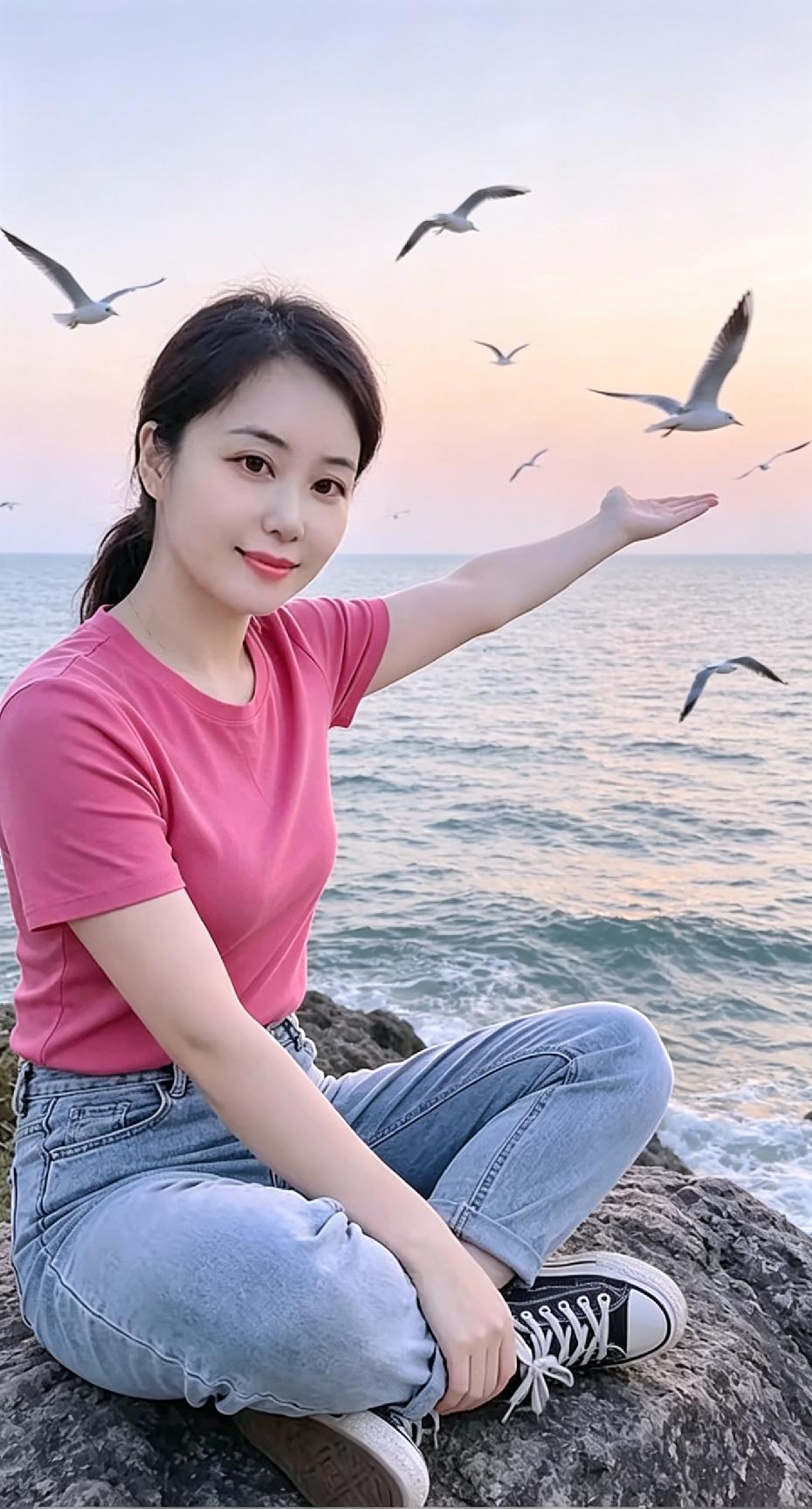 定格海边黄昏瞬间，海鸥穿过粉橘云霞，礁石滩留存温柔暮色
 
傍晚偶然停驻礁石海岸