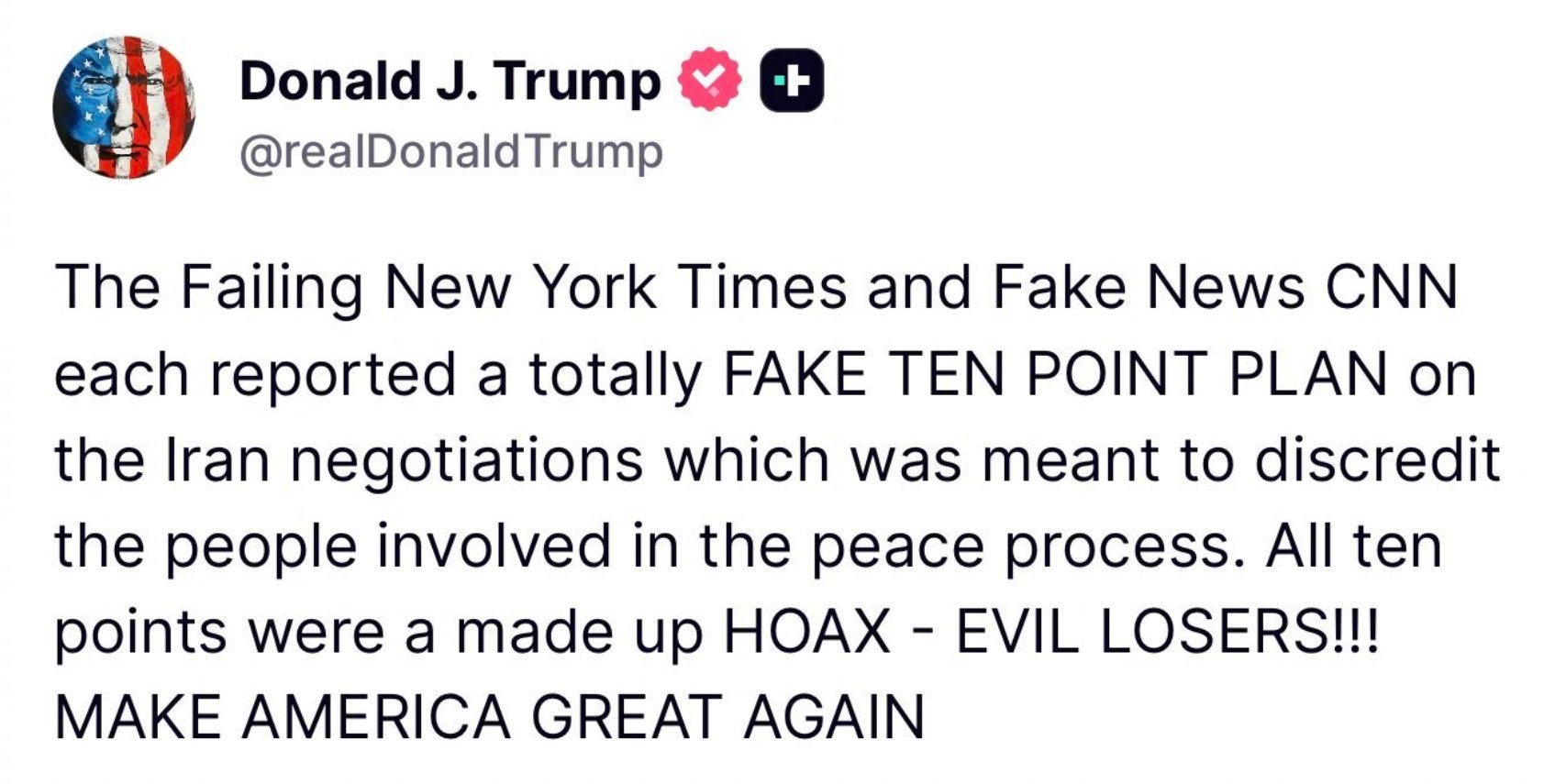 特朗普发文：表现拉胯的《纽约时报》和假新闻 CNN都报道了一份完全虚假的关于伊朗