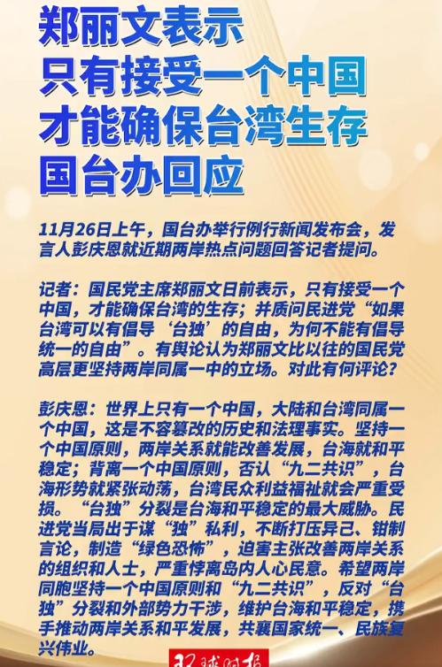 郑丽文表示只有接受一个中国才能确保台湾生存，国台办回应

11月26日上午，国台