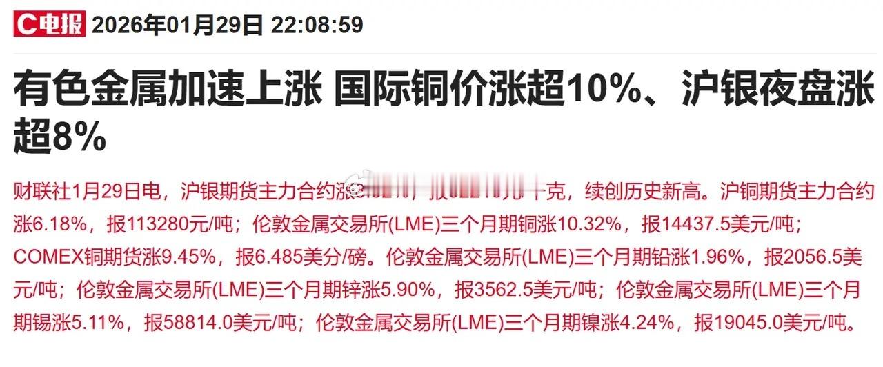 太疯狂了，上涨的情绪挡都挡不住了，今晚国际金属价格继续狂飙，周五周期有色还要继续
