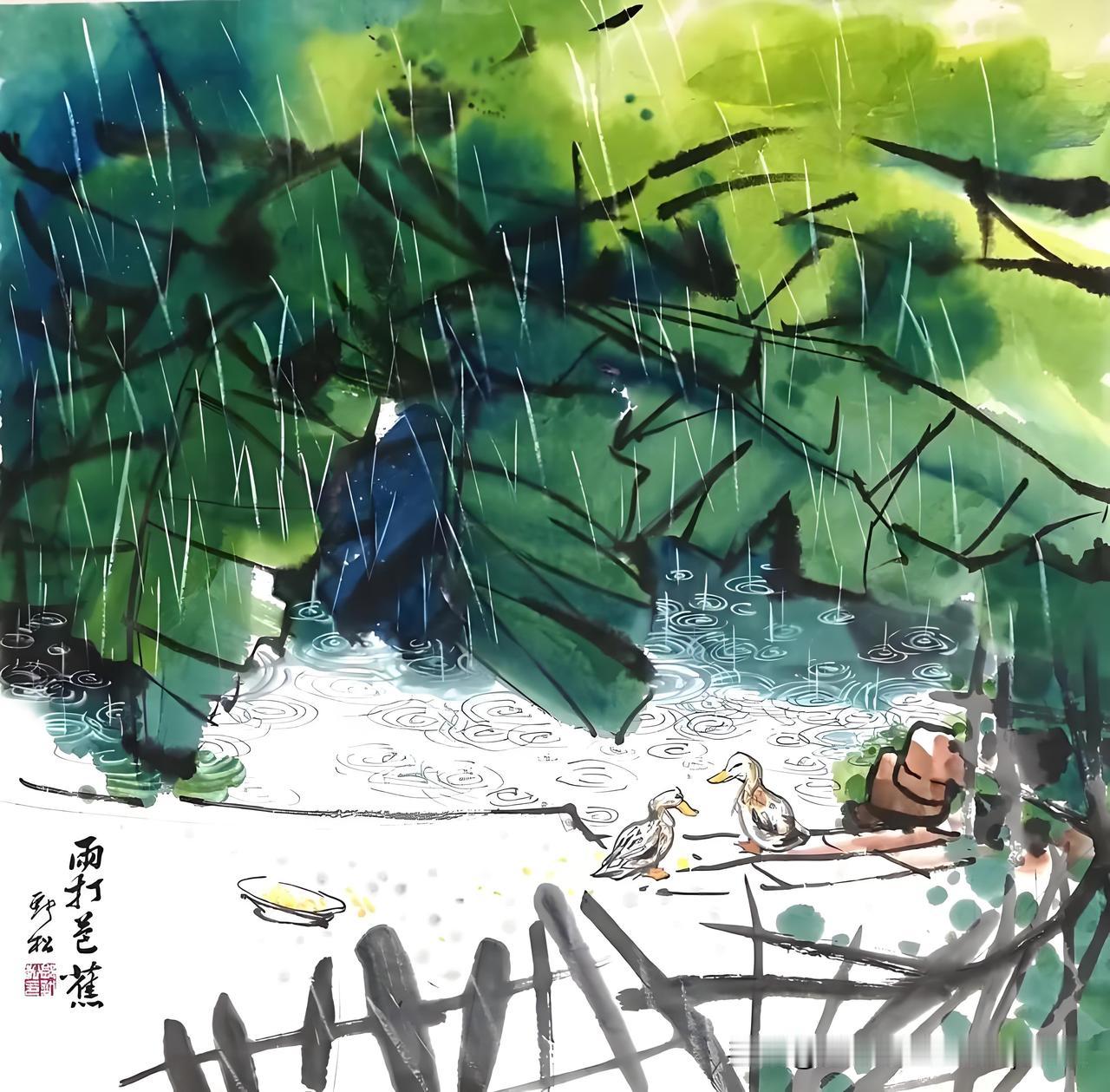 《夏夜》
——宋.张良臣
恰则黄昏雨便晴，
青塘迤逦尽蛙鸣。
月明已在芭蕉上，