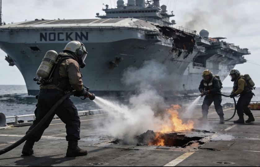 浓烟与烈火在甲板上肆虐，身着专业防护装备的应急队员们逆火而行，高压水龙化作最坚韧