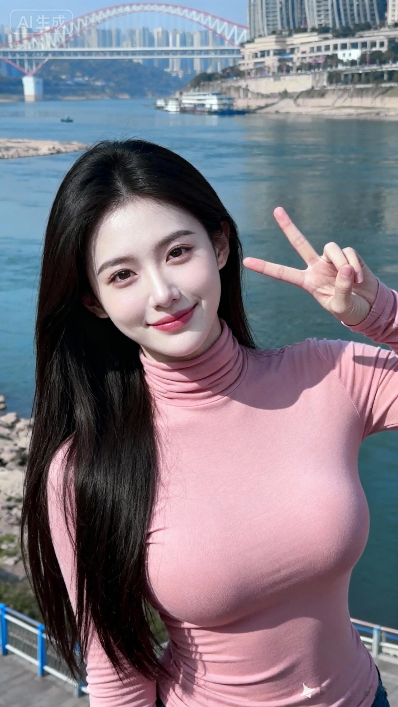粉嫩少女在江边比V，元气满满的一天！🌞💕
