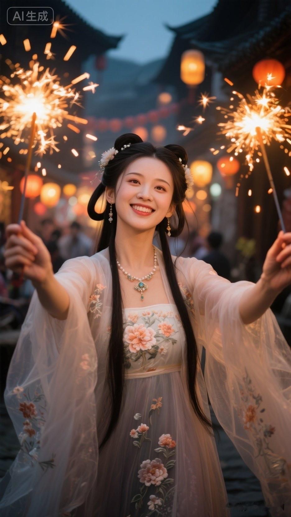一个姑娘在夜市放烟花。