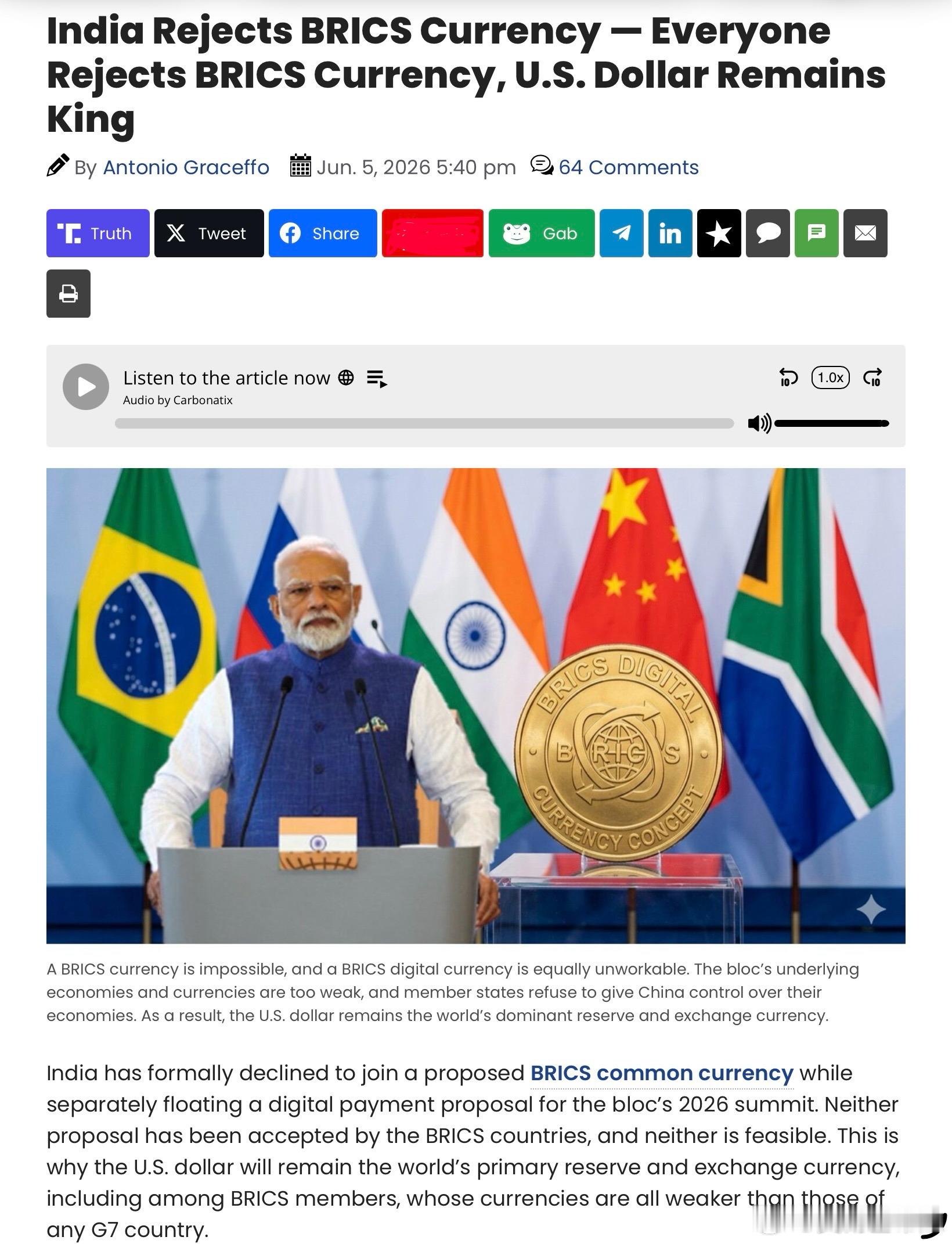印度已正式拒絕加入擬議中的金磚國家（BRICS）共同貨幣計劃，轉而針對該集團20