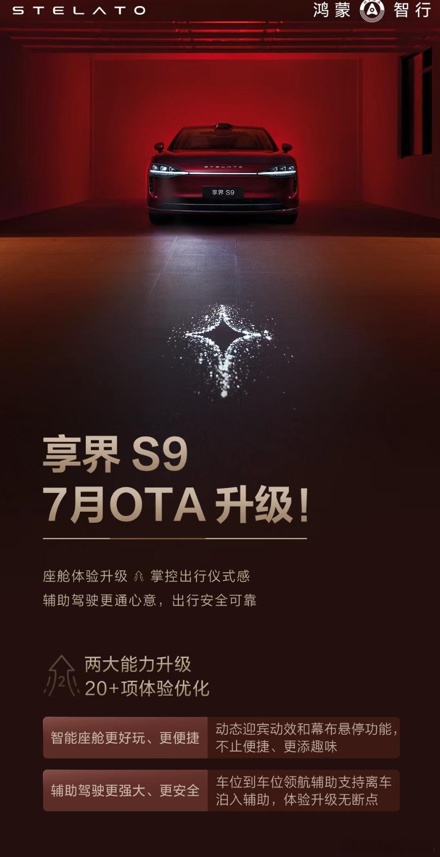 享界S9七月OTA核心几个点:1.大灯方面新增迎宾灯效4种，体感游戏2种2.扶手