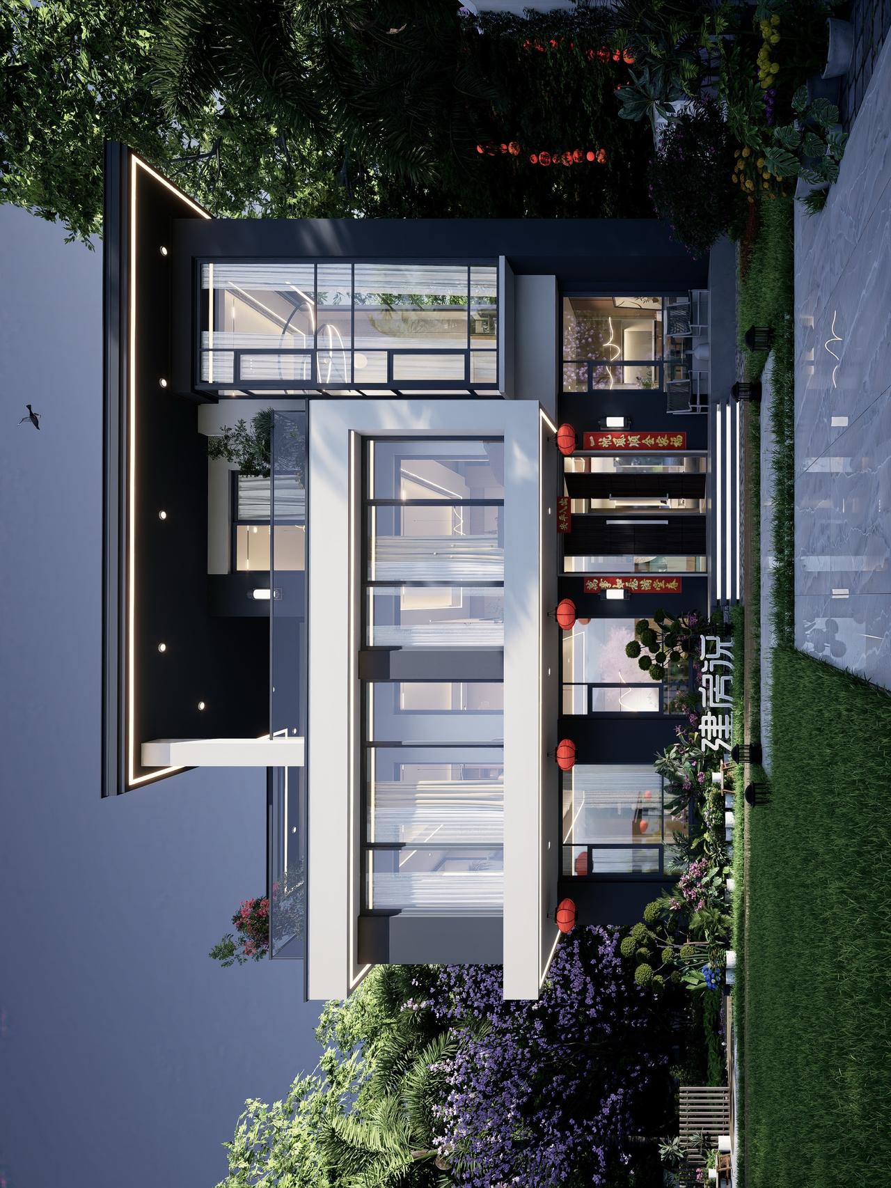 现代风与自然的诗意交响 🏡
白墙为画布，暖灯与夜色共舞 ✨
刚毅的线条在樱花树