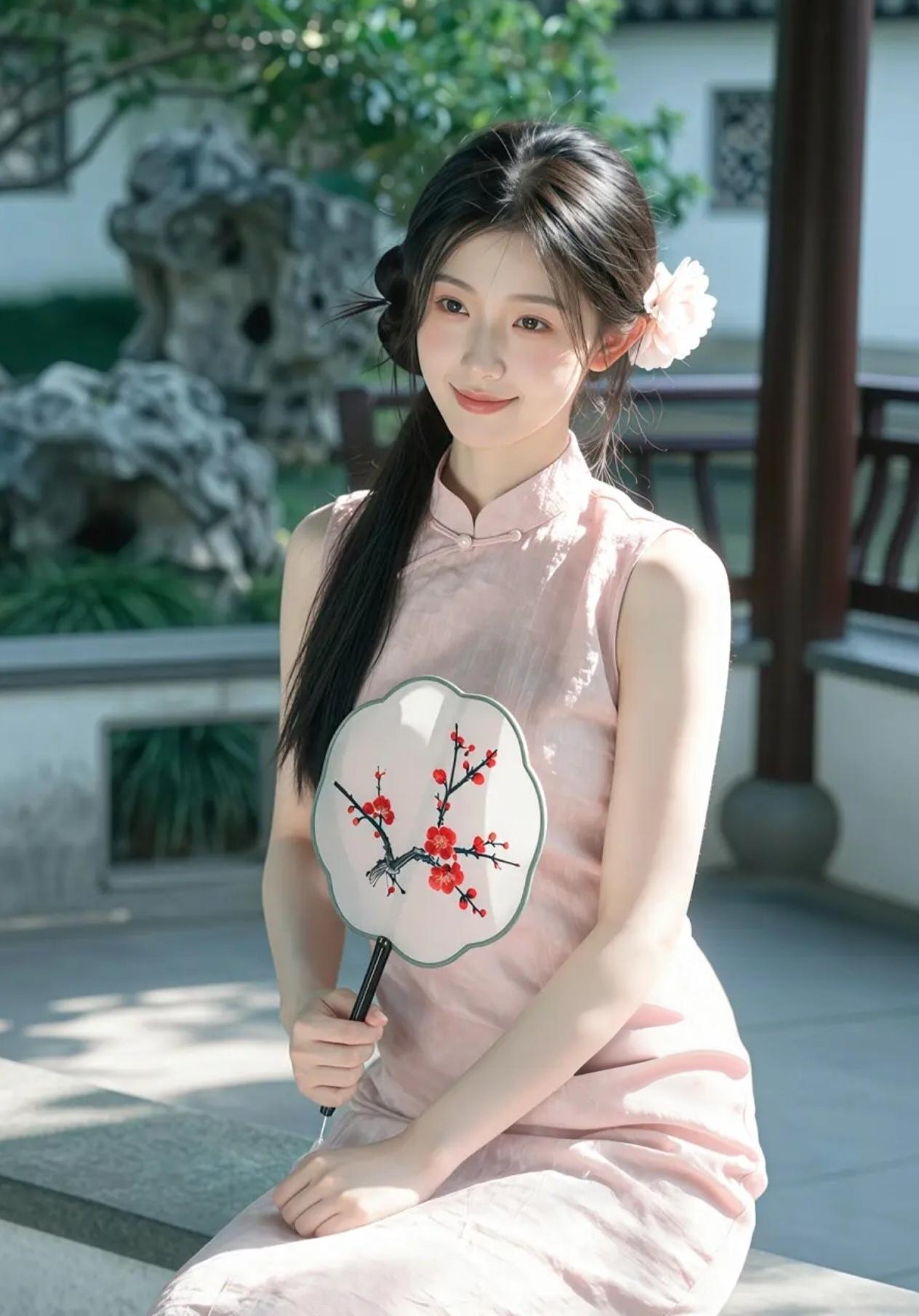 一园江南，三种温婉。执梅扇的少女清浅灵动，着黄旗袍的女子温婉雅致，持荷而立的姑娘