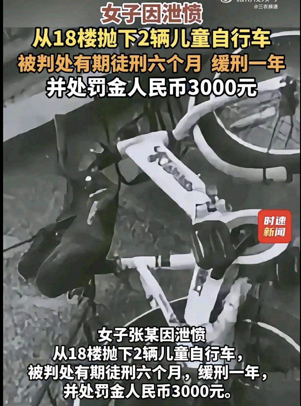 江苏南通，一女子和男友因为一点小事吵架，她为了泄愤，直接从18楼抛下两辆儿童自行
