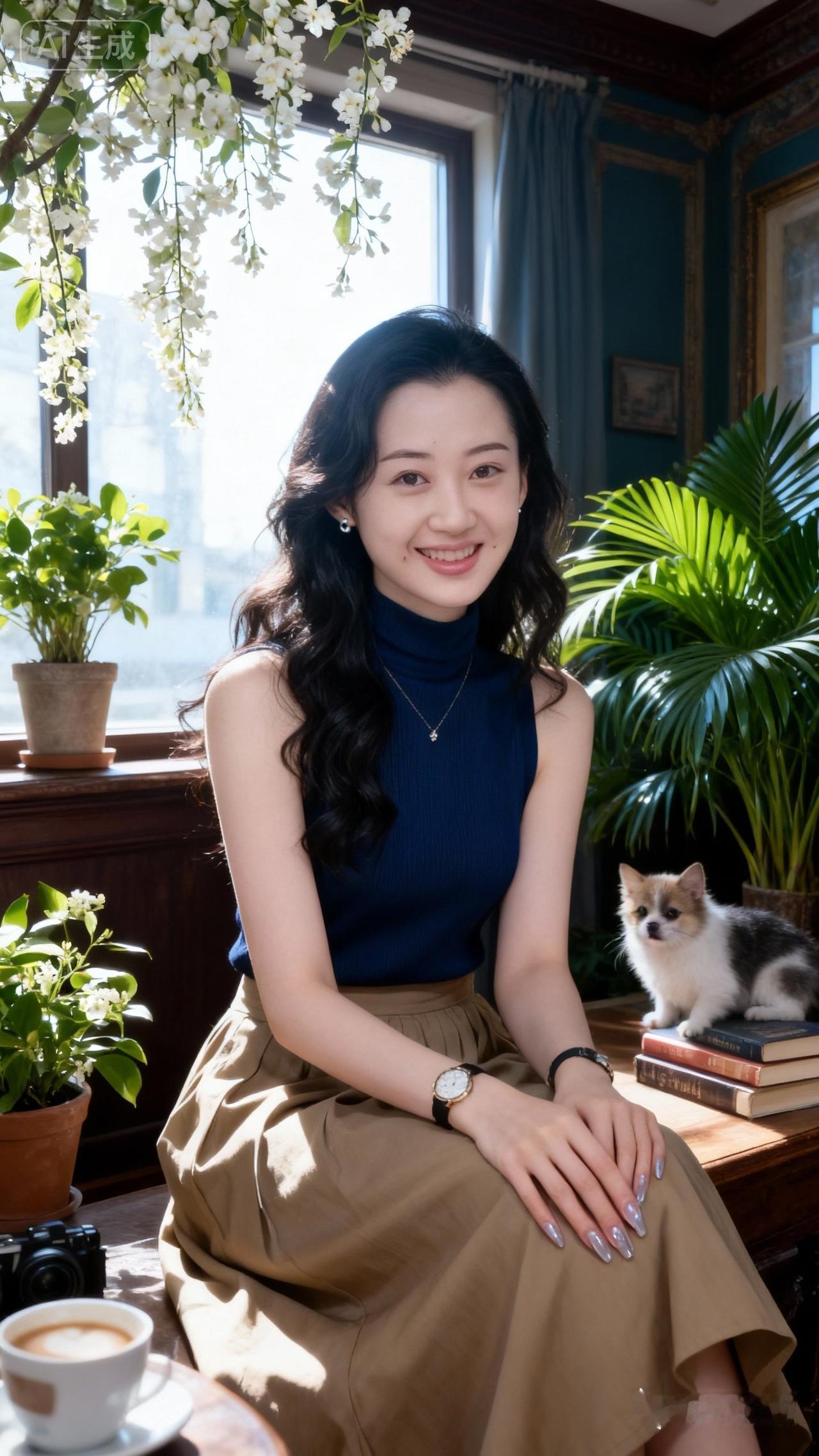 优雅咖啡馆时光，甜美微笑，萌宠相伴