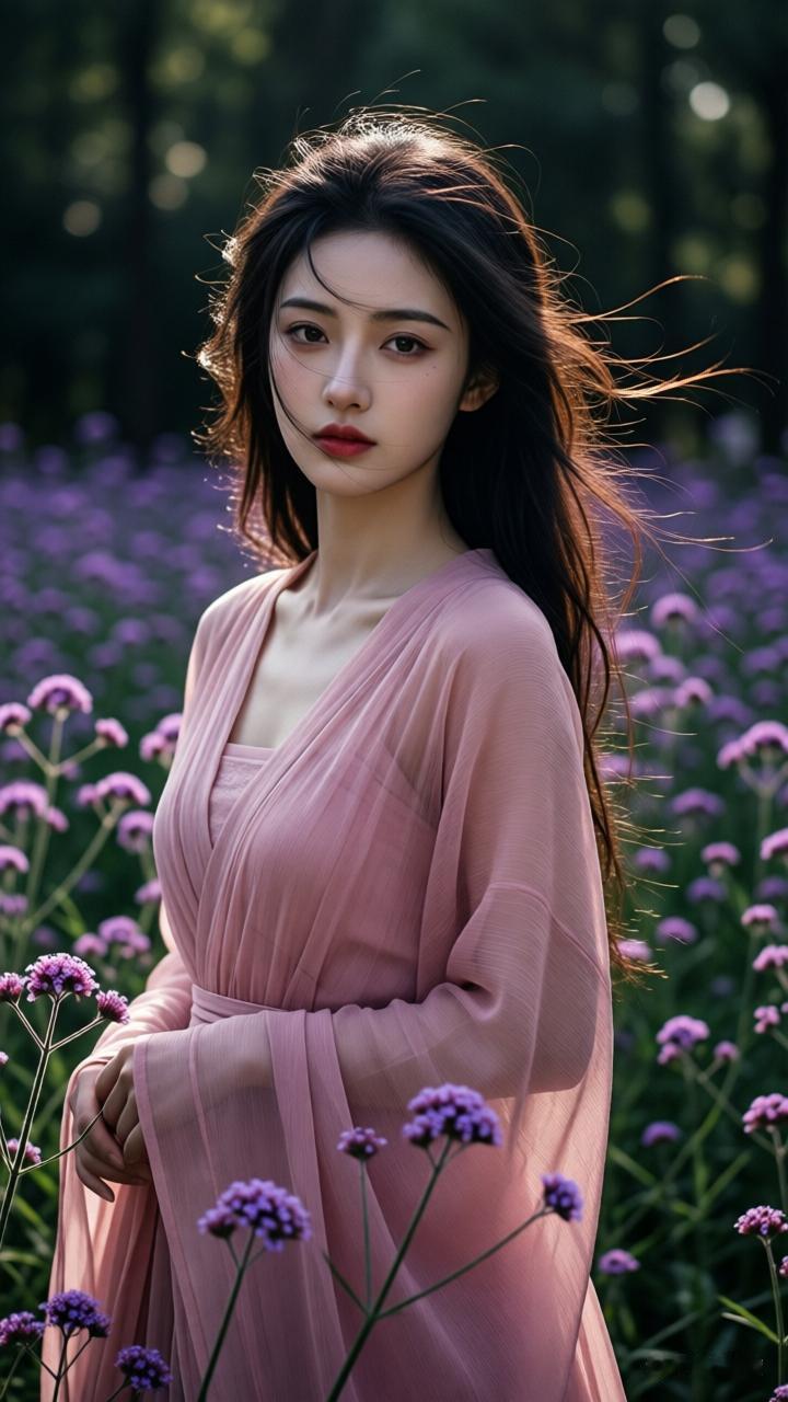 梦幻森林中的少女，粉裙飘逸，花海中绽放美丽。