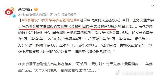 专家建议10岁开始存养老钱最划算 阎志鹏用三胞胎案例说明：假设年化收益率为8%，