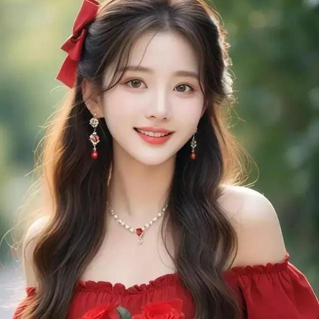 甜美少女，红发带，微笑动人，阳光明媚，清新自然。黑亮秀发少女 紫色头发少女 梦幻