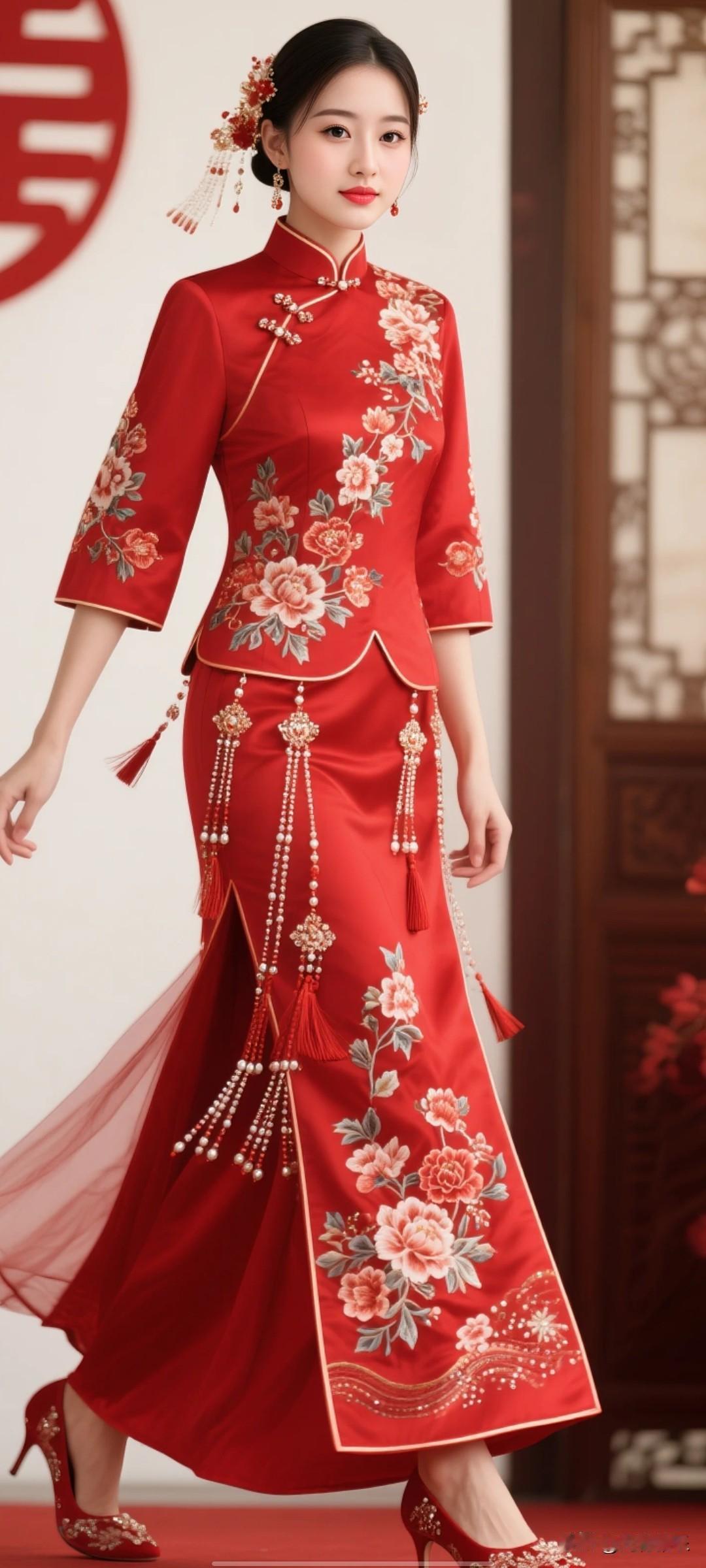美丽新娘，穿着大红色秀禾服，整体设计融合传统与现代元素，上衣为立领圆襟七分袖，缀