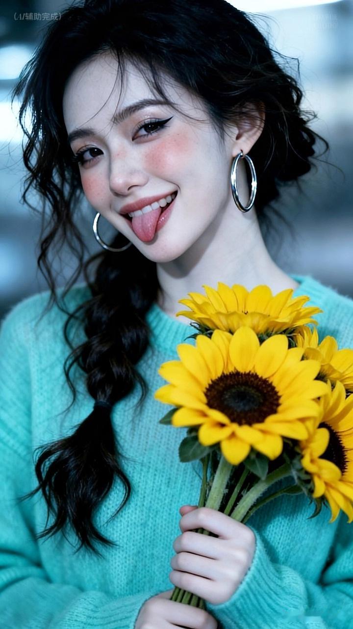 薄荷绿毛衣裹温婉，乌黑辫垂肩泛柔光。银环耳坠添时尚，手捧玫瑰笑靥甜。眉眼弯弯眸藏