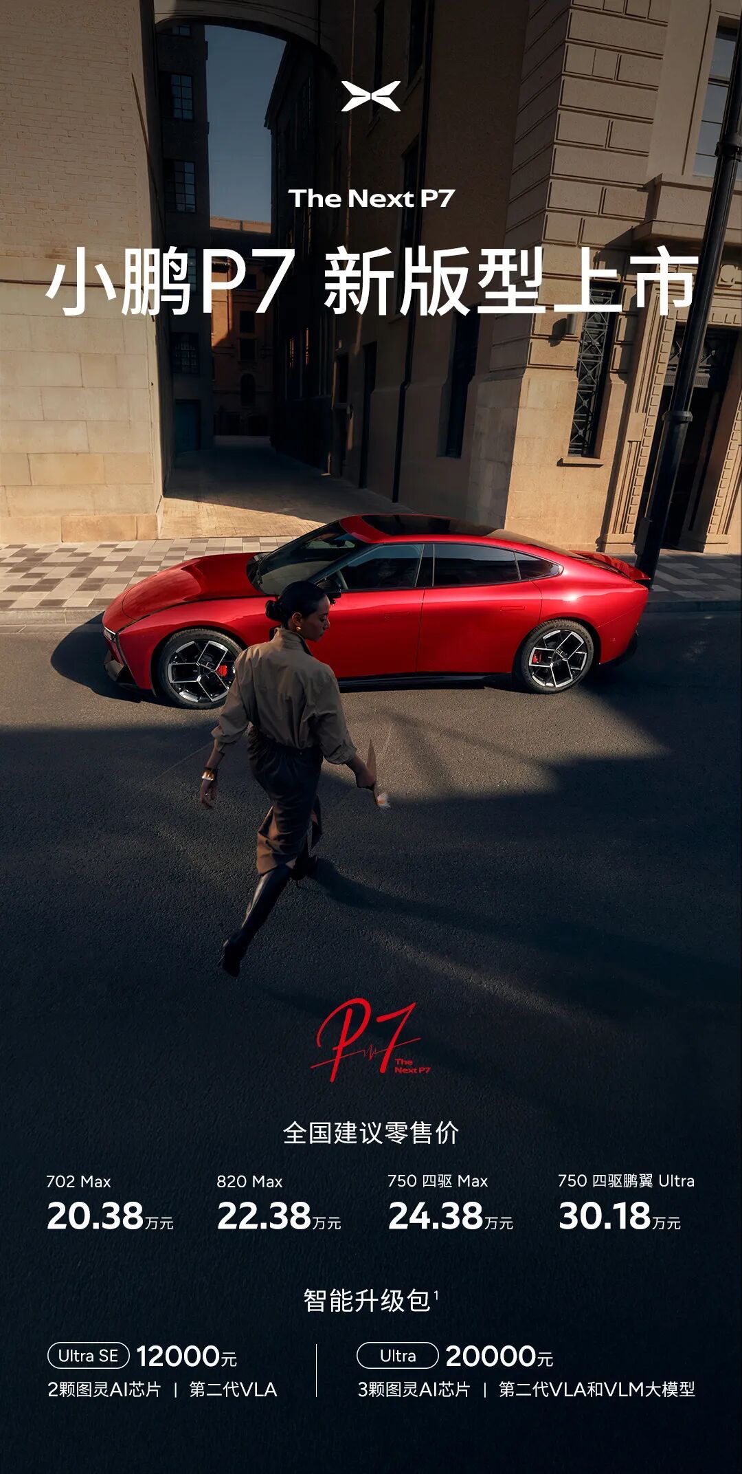 小鹏P7更新上市：- 新增三款车漆：星曜红、暗夜黑、星云白- 全系搭载第二代VL