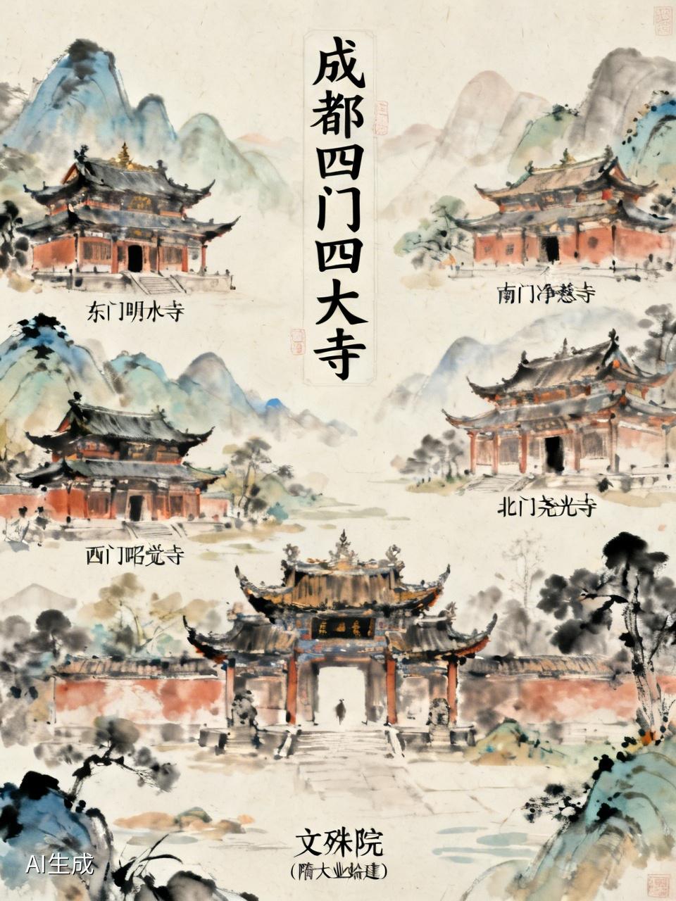 成都四门四大寺指东门明水寺、南门净慈寺、西门昭觉寺、北门尧光寺。
明水寺位于龙泉