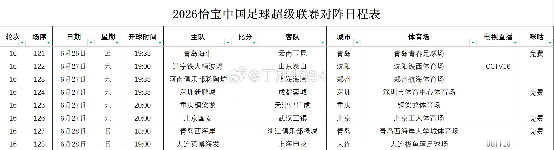 2026怡宝中国足球超级联赛第16轮转播计划表中超联赛中超大连英博中超联赛中超联
