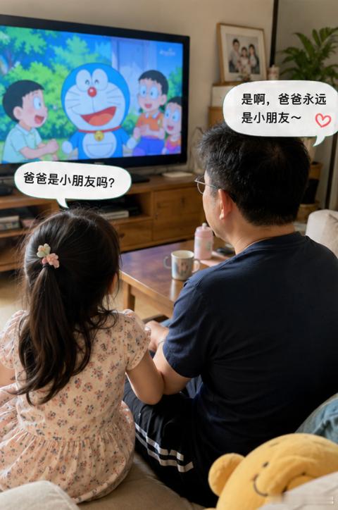 我老公 40 岁了，还在看动画片。我女儿说：爸爸是小朋友吗？ 他说："是啊，爸爸