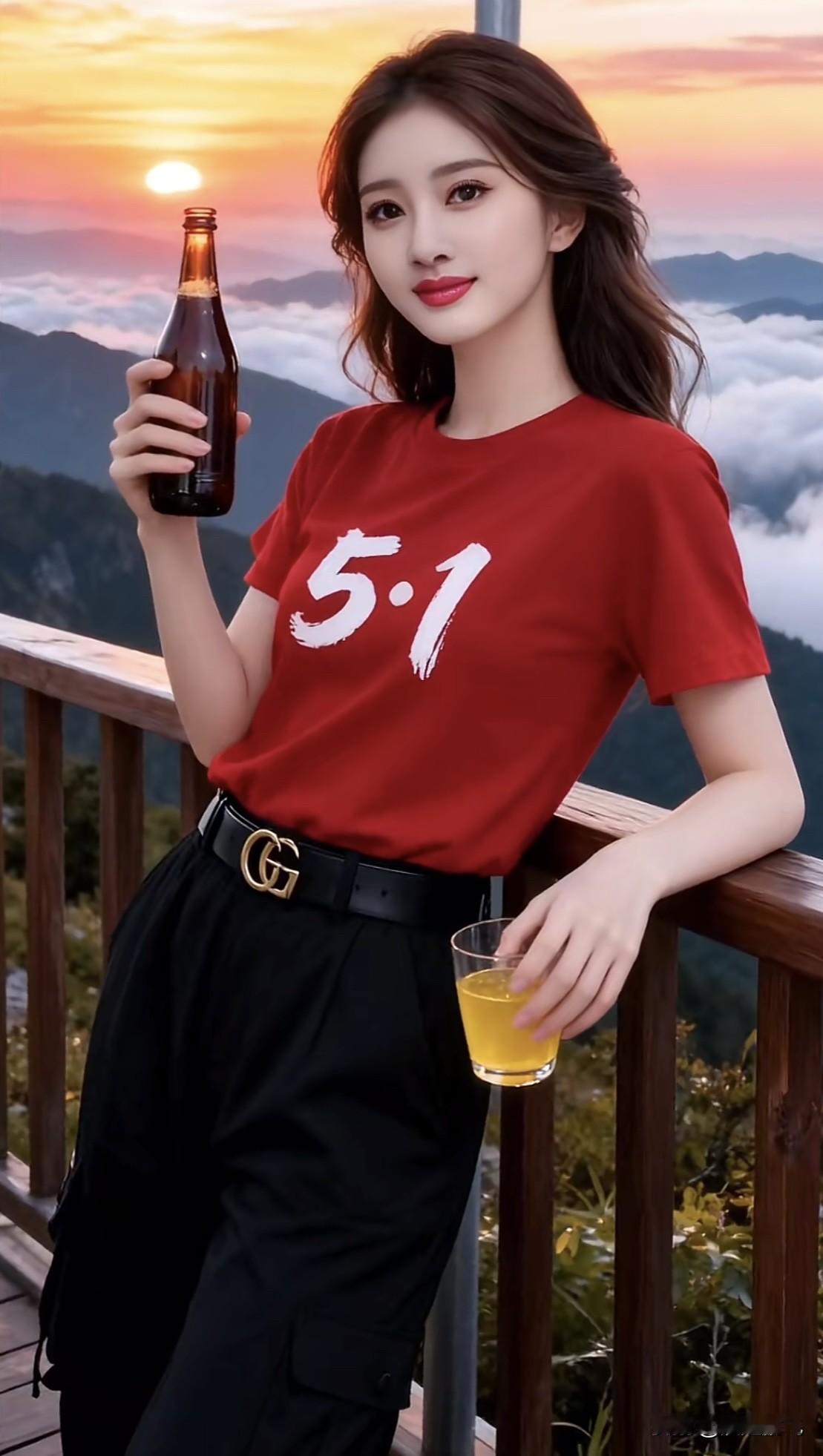 日落时分，红衣少女与山间美景相伴，举杯畅饮，尽享自由时光。红衣女拍照 红裙闪耀写