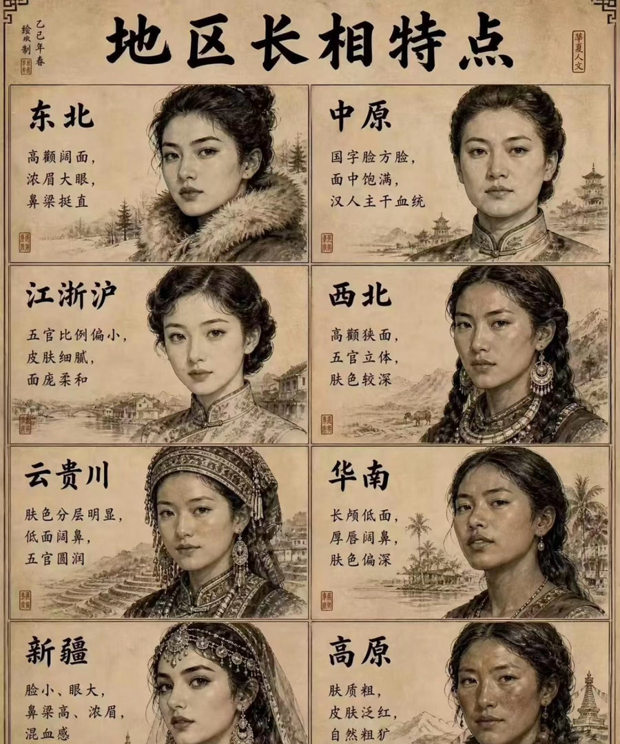中国不同地区女性的长相特点 