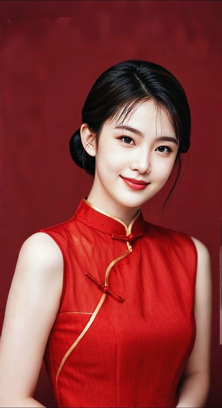 AI扩图 AI红裙浅笑