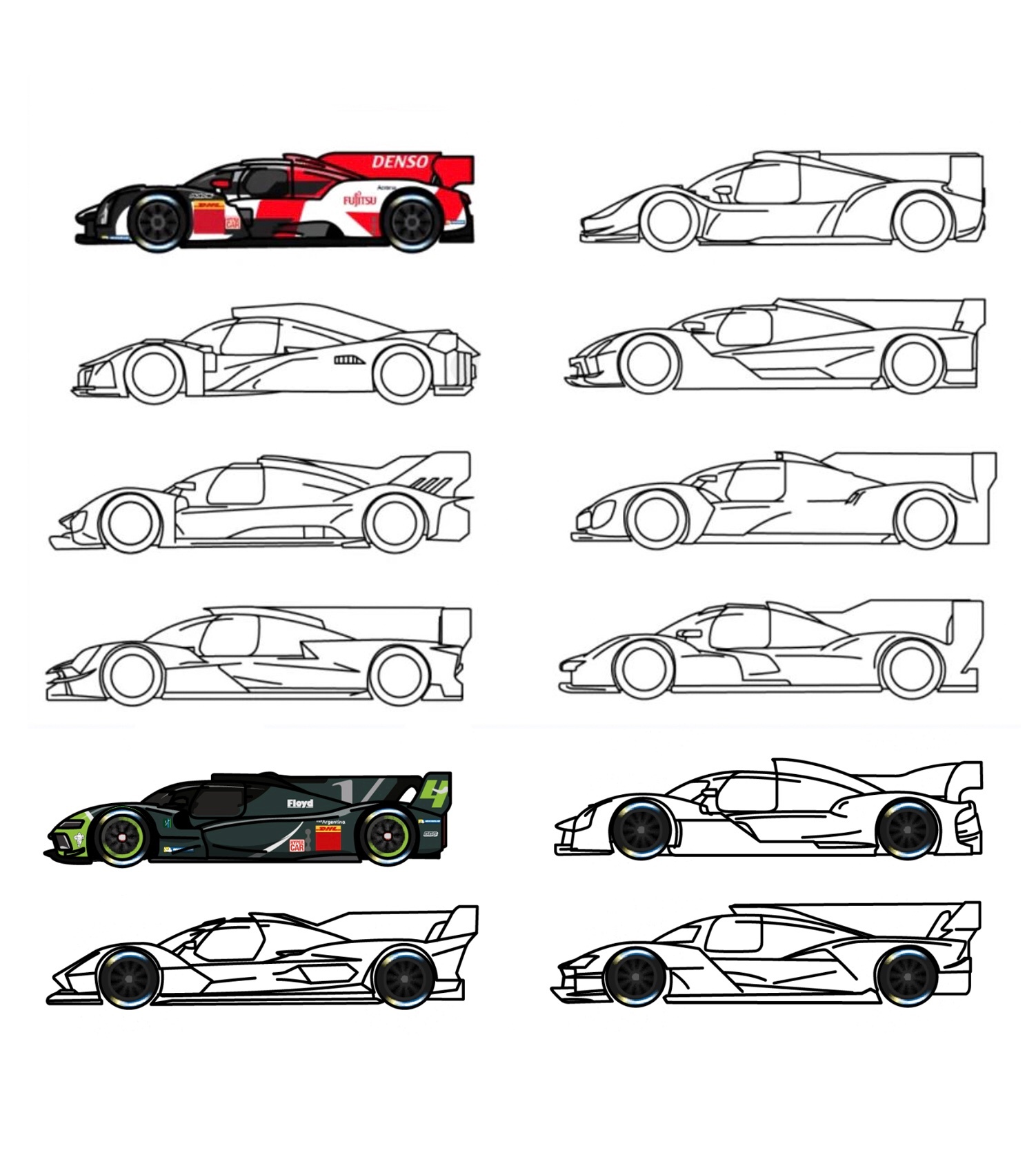 车迷绘制的LMH/LMDh简笔轮廓，辨识度挺高[二哈]#WEC##IMSA# ​
