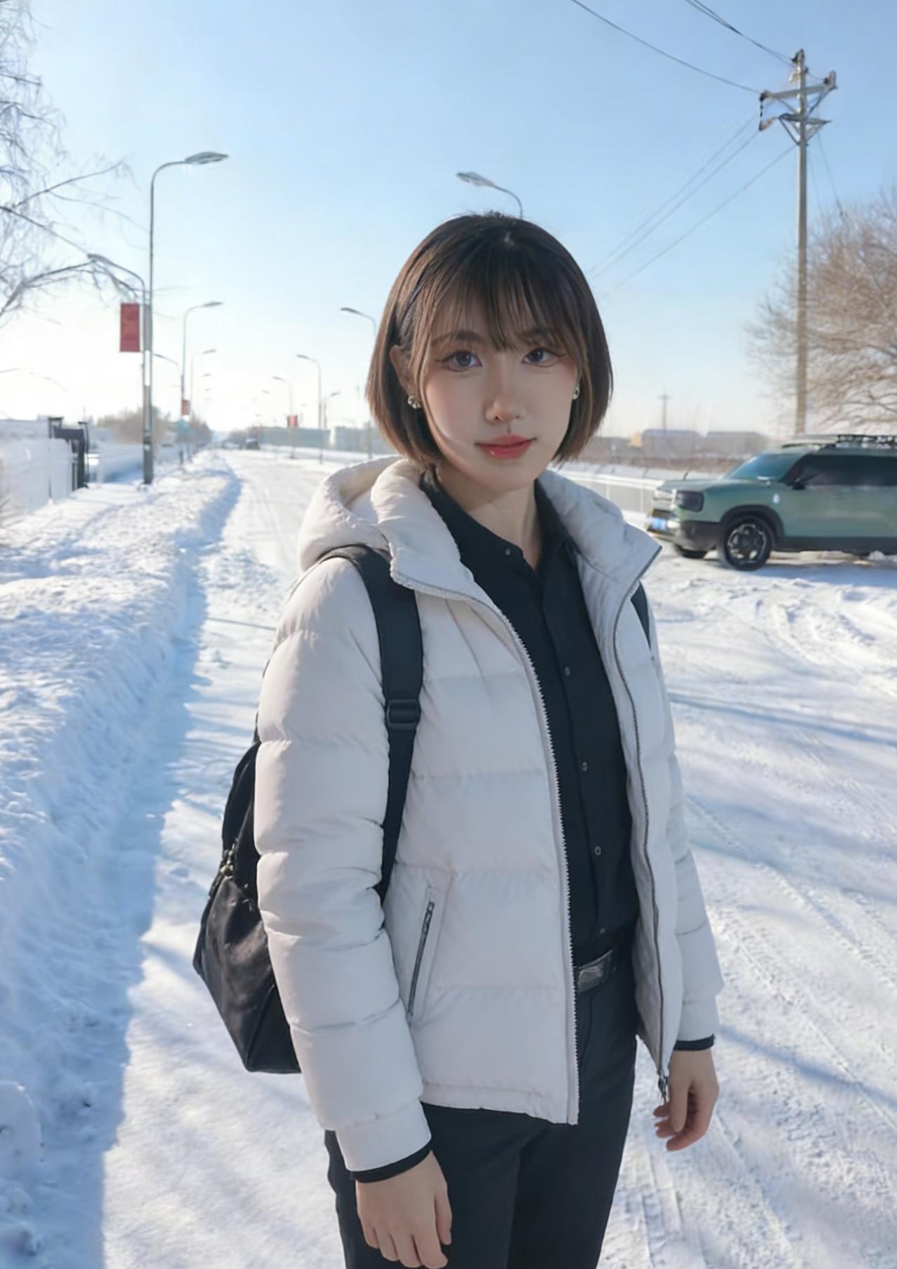 雪满长街日正高，素衣黑衬影萧萧。
明眸恰似冰间月，照破寒冬万里遥。