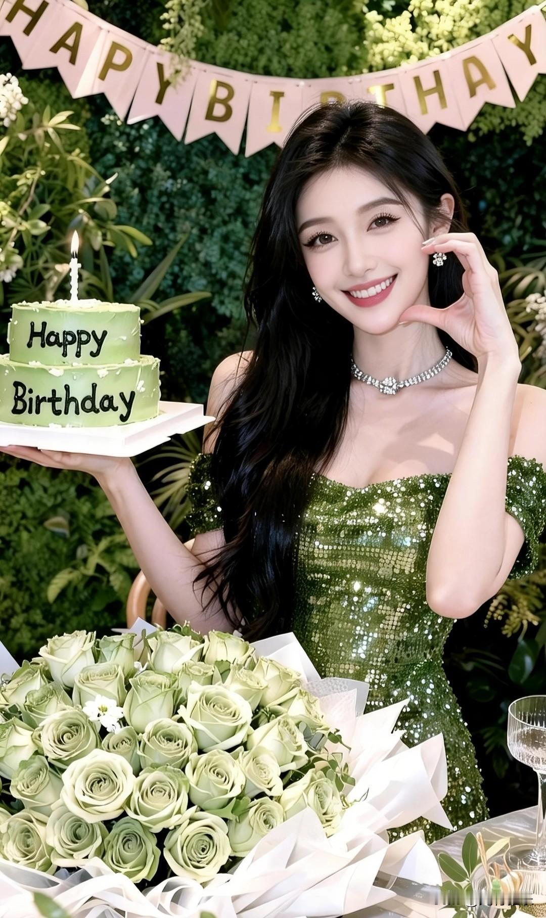 图片风格拍摄写真，在摆满绿植的温馨生日派对现场，面带微笑，呈现出温暖和舒心的氛围