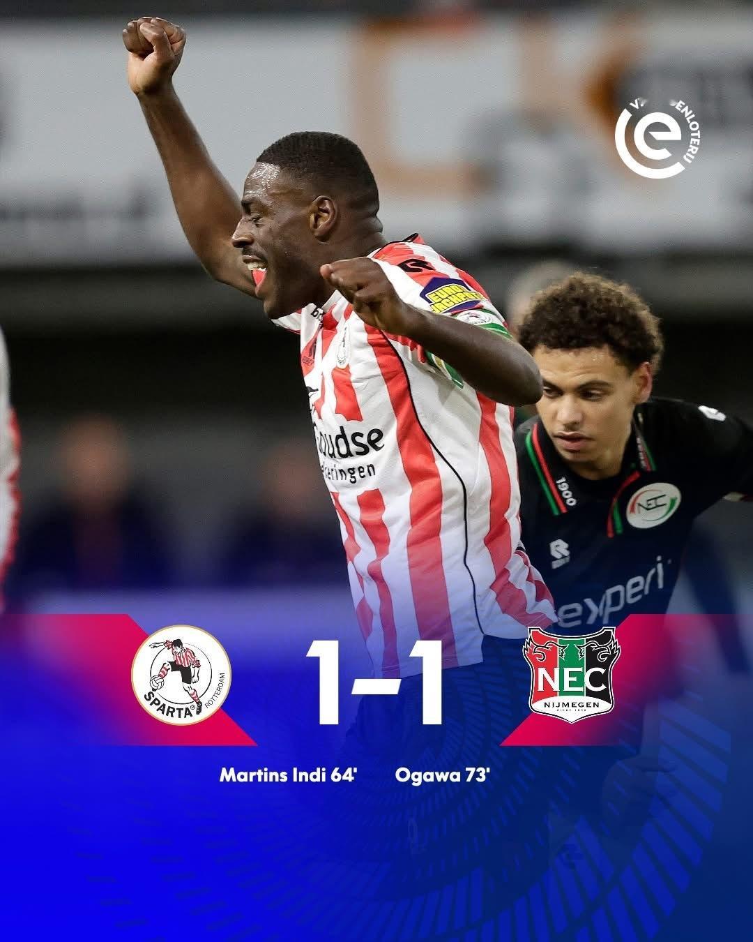 鹿特丹斯巴達對陣NEC尼美根嘅延期賽事，最終以1-1打成平手。比賽由70分鐘繼續